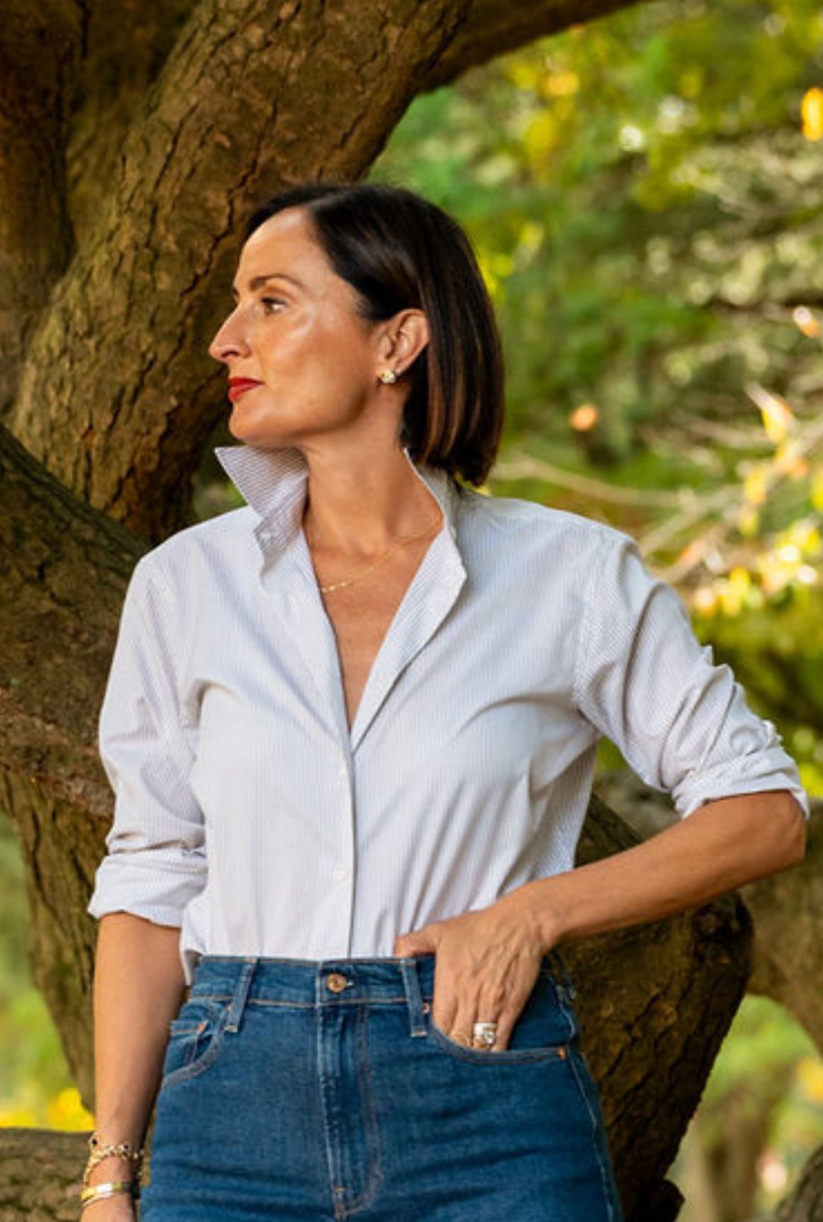 The Jackie Button Down in Khaki Stripe