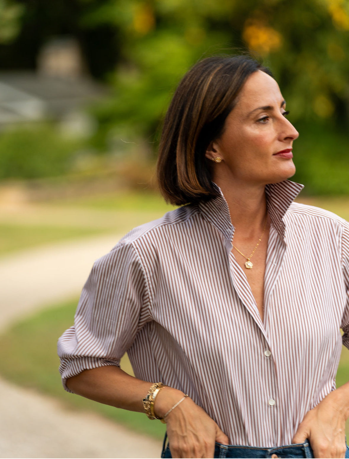 The Jackie Button Down in Brown Stripe