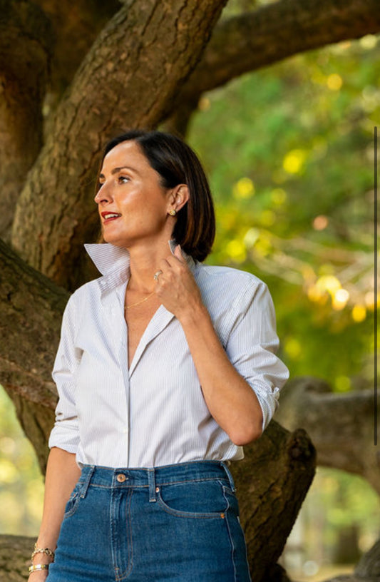 The Jackie Button Down in Khaki Stripe