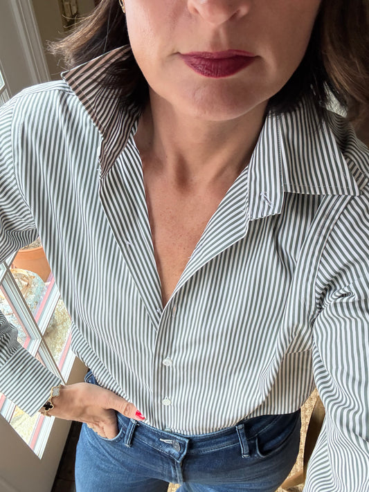 Jackie button down in hunter green stripe.
